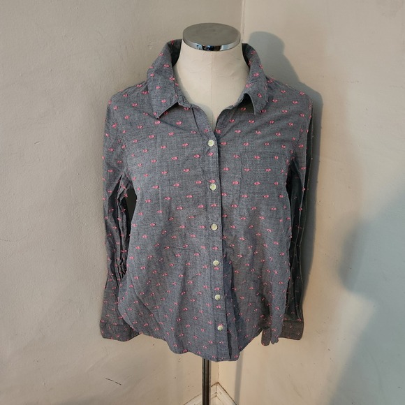 Splendid Tops - Splendid Women's Medium Gray Pink Dot Long Sleeve Button Up‎ Shirt 100% Cotton